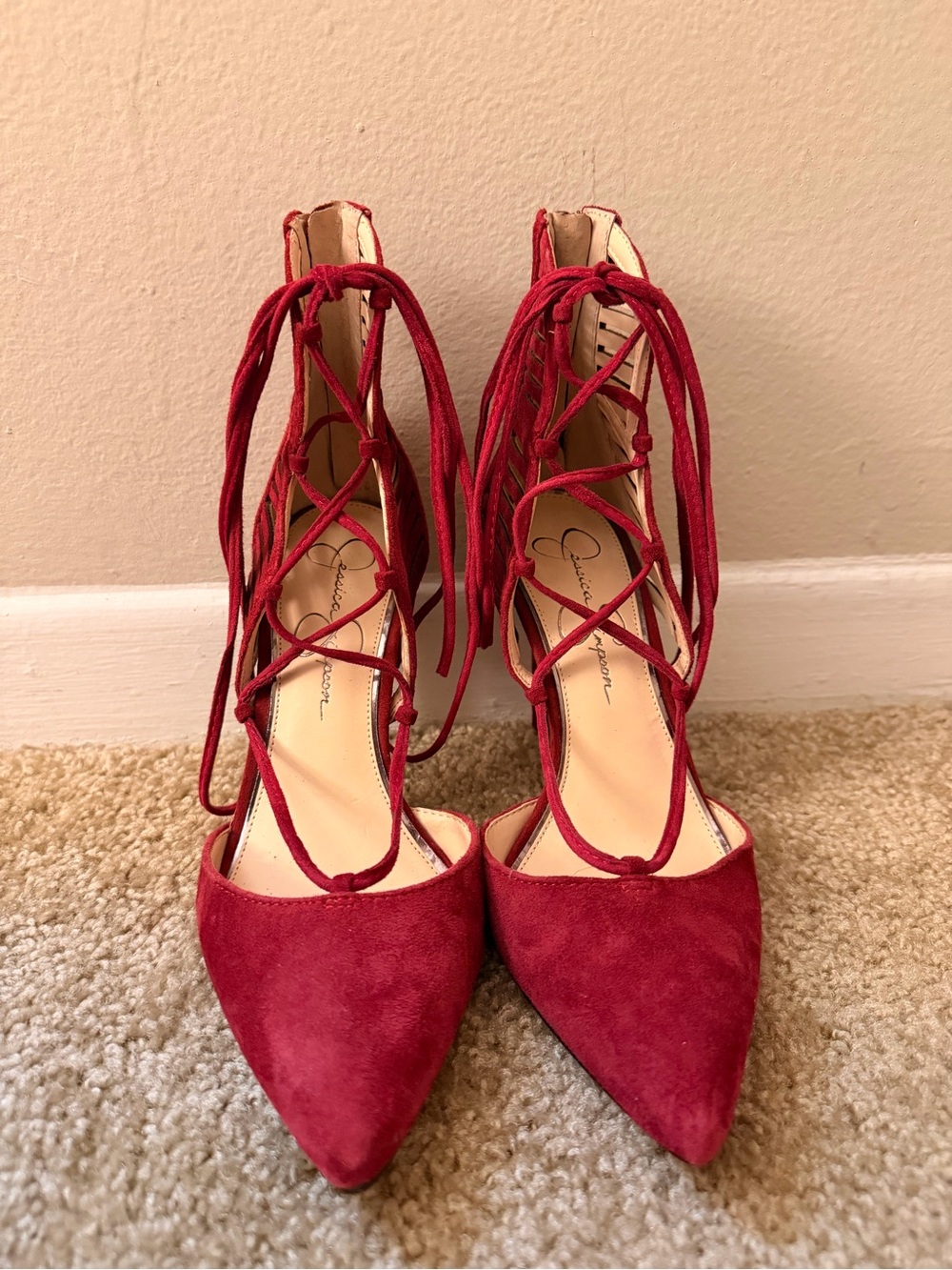 Jessica Simpson Burgundy Lace-Up Pointed Toe Heels